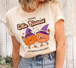i teach the cutest pumpkins in the entire patch shirt png, retro halloween teacher tee, spooky season costume , boho wit