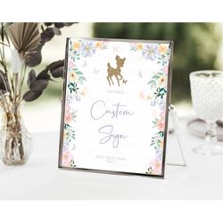 fawn deer sign pastel floral deer table sign decor  enchanted forest butterfly party 1st birthday baptism baby shower br