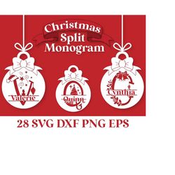 round christmas monogram svg, christmas bauble ornament svg cricut, christmas split letters svg, baby christmas tree orn