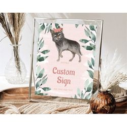 wolf sign wolf table sign decor pastel floral wolf party forest adventure wilderness theme birthday baptism christening
