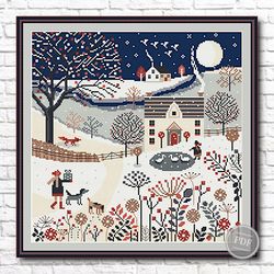 winter cross stitch pattern pdf scandinavian cross stitch, winter village. house in winter. digital file pdf 374