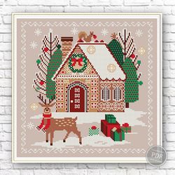 cross stitch sampler gingerbread house and christmas deer. christmas embroidery. modern design pdf 121