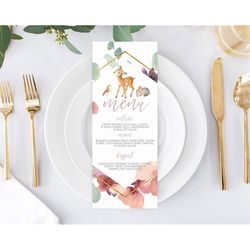 fawn menu deer menu template pastel floral deer table decor enchanted forest butterfly floral dinner dessert menu party