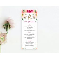 fawn menu deer menu template pastel floral deer table decor enchanted forest butterfly floral dinner dessert menu party