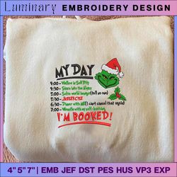 green monster embroidery design, my day im booked happy christmas embroidery design, movie christmas embroidery design for shirt, christmas 2023 embroidery file