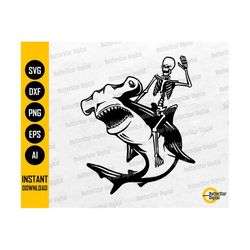 Skeleton Riding Hammerhead Shark SVG | Ocean Sticker Decal T-Shirt Graphics | Cricut Cut File Cuttable Clipart Vector Digital Dxf Png Eps Ai