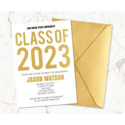 Class of 2023 Graduation Party Invitation Template, Glitter Gold Graduation Announcement, High School Grad, College Grad