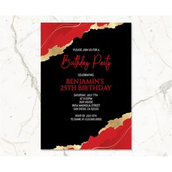 Editable Red, Gold, & Black Birthday Invitations/ANY AGE/Luxury Red Birthday Invitation Template/Instant Download/Adults