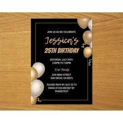 gold balloons birthday invitation template, editable gold birthday invitations, gold and black balloons birthday invitat