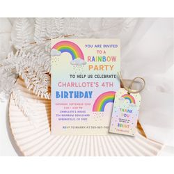 rainbow birthday invitation rainbow birthday themed unicorn rainbow party thank you tag template rainbow cake topper tem