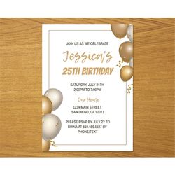 gold balloons birthday invitation template, editable gold birthday invitations, gold and white balloons birthday invitat