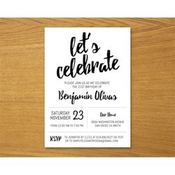 Simple Black and White Birthday Invitation, ANY AGE, Instant Download Birthday Invite, Modern Invitation for Adults Men