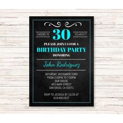 Teal & Black Birthday Party Invitations, ANY age, INSTANT DOWNLOAD Digital Template,Turquoise Chalkboard Invitation, Che
