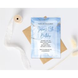 Blue Watercolor Birthday Invitation Template for Boys, Teens, Kids, Adults/Instant Download Modern Blue Birthday Party I