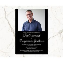 simple black & white retirement party invitation template for men women, retirement invitations with photo, modern retir