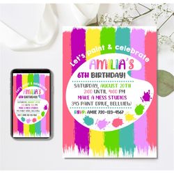 editable paint invitation, paint party, paint birthday invitation, 4x6 & 5x7