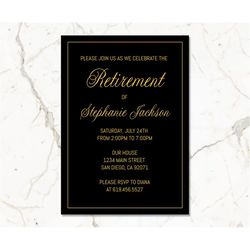 black & gold retirement invitations template/printable golden frame black retirement invitations for men women/instant d