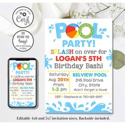 editable pool party invitation, pool party birthday invitation, 4x6 & 5x7