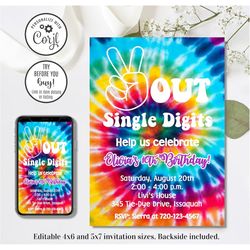 editable peace out single digits invitation, tie dye birthday invitation, 4x6 & 5x7