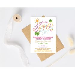 hello summer party invitation template, sun invitation, summer party, last day of school, neighborhood party, birthday p