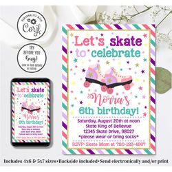 editable roller skate invitation, roller skate birthday invitation, skating invitation, 4x6 & 5x7