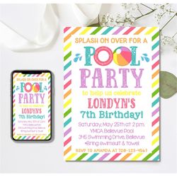 editable pool party invitation, pool party birthday invitation, 4x6 & 5x7