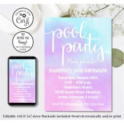 editable pool party invitation, pool party birthday invitation, pool party, 4x6 & 5x7
