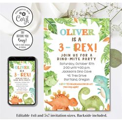 editable three rex invitation, 3-rex invitation, dinosaur invitation, dinosaur 3rd birthday invitation, 4x6 & 5x7