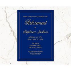 blue & gold retirement invitations/printable golden and navy blue frame retirement invitations for men women/instant dow