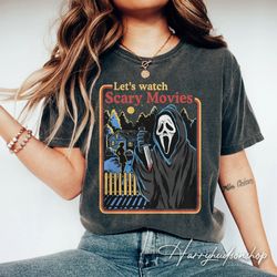 comfort colors vintage lets watch scary movies shirt png, horror film club shirt png, woodsboro scream, scream ghost shi