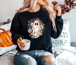 retro floral ghost sweatshirt png, spooky season sweatshirt png, trick or treat, women halloween sweater, halloween cost