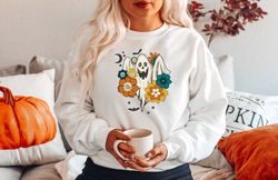 retro floral ghost sweatshirt png, trick or treat, women halloween sweater, halloween costume, cute halloween shirt png,