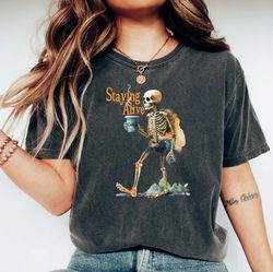 staying alive t-shirt png, trendy coffee shirt png, funny skeleton t-shirt png, coffee lovers gift, skull vintage t-shir