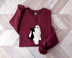 black cat halloween sweatshirt png, ghost and black cat halloween sweatshirt png, cute ghost halloween shirt png, spooky