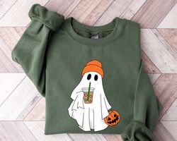 cute ghost drinking coffee sweatshirt png, ghost ice coffee, spooky season, fall coffee lover hoodie, halloween party sh