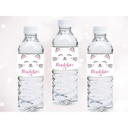 cat water bottle labels cat bottle wrappers kitten decor kitty birthday party decoration kitten wraps cat theme editable