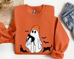 ghost and black cat halloween sweatshirt png, black cat halloween sweatshirt png, cute ghost halloween shirt png, spooky