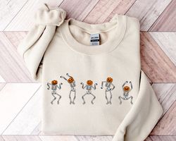 halloween skeleton sweatshirt png, dancing skeleton sweatshirt png, pumpkin skeleton graphic sweater, halloween gifts, f