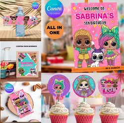 lol surprise birthday girl party printable decoration package canva editable instant download