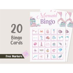 Mermaid Bingo Game 20 Cards Mermaid Party Games Under the Sea Birthday Games Mermaid Bingo Cards Mermaid Girl Activities