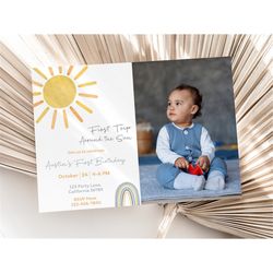 boy first trip around the sun birthday invitation with photo 1st trip around the sun invitation with picture one year fi