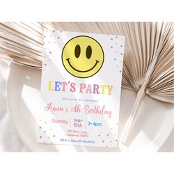 girl birthday invitation smiley face invitation girl birthday party invitation teen birthday invite pink any age editabl