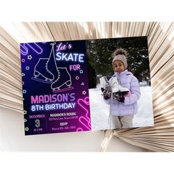 ice skating birthday invitation with photo ice skating invitation with picture girl ice skate invitation editable instan