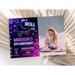 roller skate party invitation with photo roller skate birthday invitation with picture girl skating invitation editable