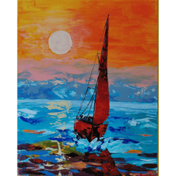 yacht sunset seascape original art hand painted unique wall decor handmade art by rinaartsk