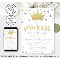 editable princess baby shower invitation, girl baby shower invitation, 4x6 & 5x7