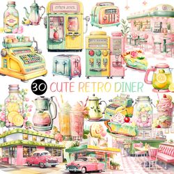 cute retro diner watercolor png | adorable pastel clip art ice cream machine cake juice squeezing toaster lemon tea pink