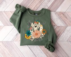 retro floral ghost sweatshirt png, spooky season sweatshirt png, trick or treat, women halloween sweater, halloween cost