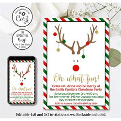 editable christmas party invitation, oh what fun reindeer invitation, holiday party, work christmas party, annual family