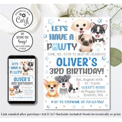 editable puppy invitation, puppy birthday invitation, puppy pawty, come sit stay, boy invitation, 4x6 & 5x7